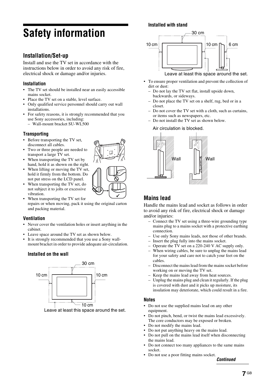 Safety information, Installation/set-up, Mains lead | Sony Bravia KDL-32D3010 User Manual | Page 7 / 132