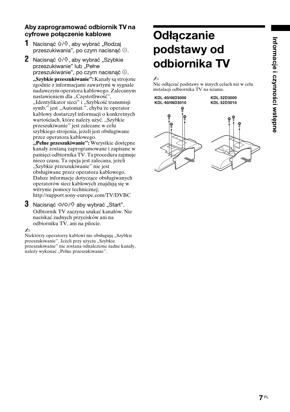 Odłączanie podstawy od odbiornika tv | Sony Bravia KDL-32D3010 User Manual | Page 91 / 132
