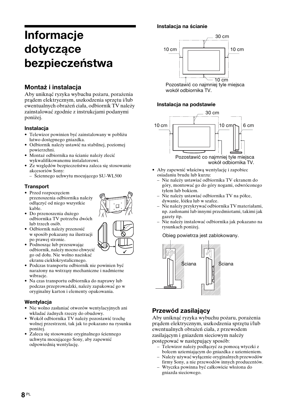 Informacje dotyczące bezpieczeństwa, Montaż i instalacja, Przewód zasilający | Sony Bravia KDL-32D3010 User Manual | Page 92 / 132