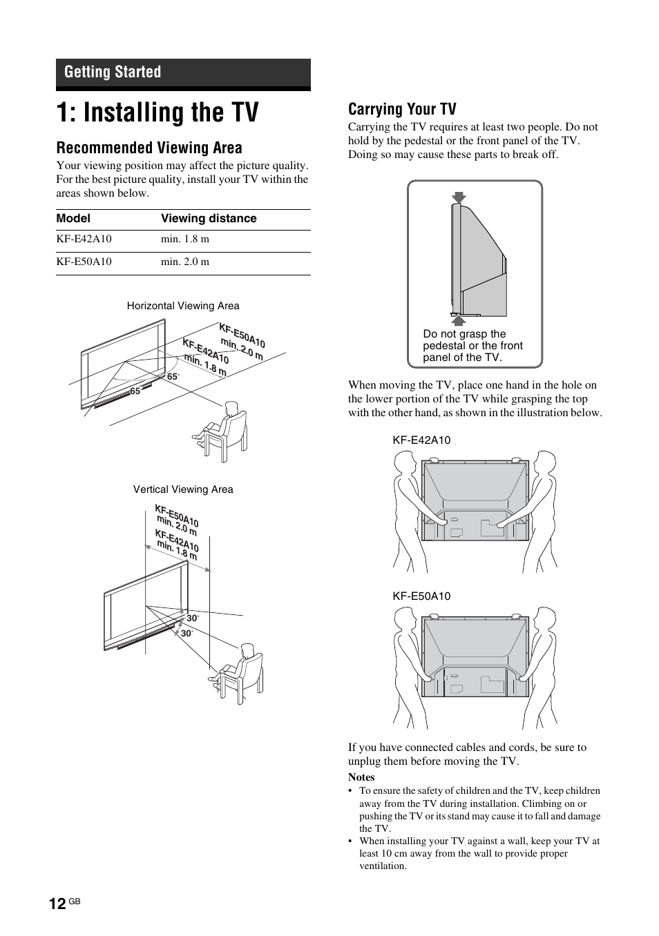 Getting started, Installing the tv, Recommended viewing area | Carrying your tv, Recommended viewing area carrying your tv | Sony KF-E42A10 User Manual | Page 12 / 60