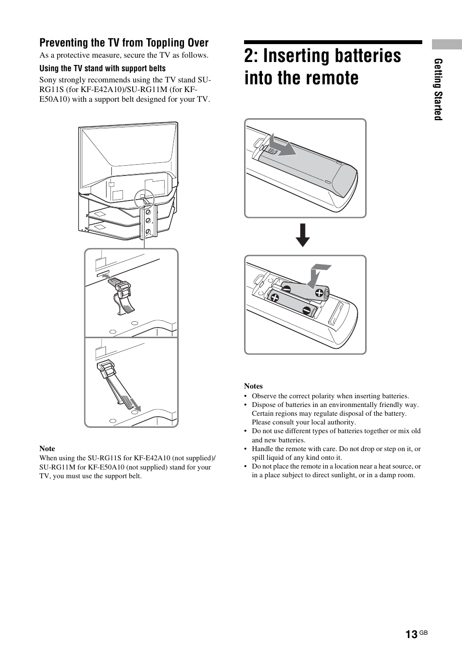 Preventing the tv from toppling over, Inserting batteries into the remote | Sony KF-E42A10 User Manual | Page 13 / 60