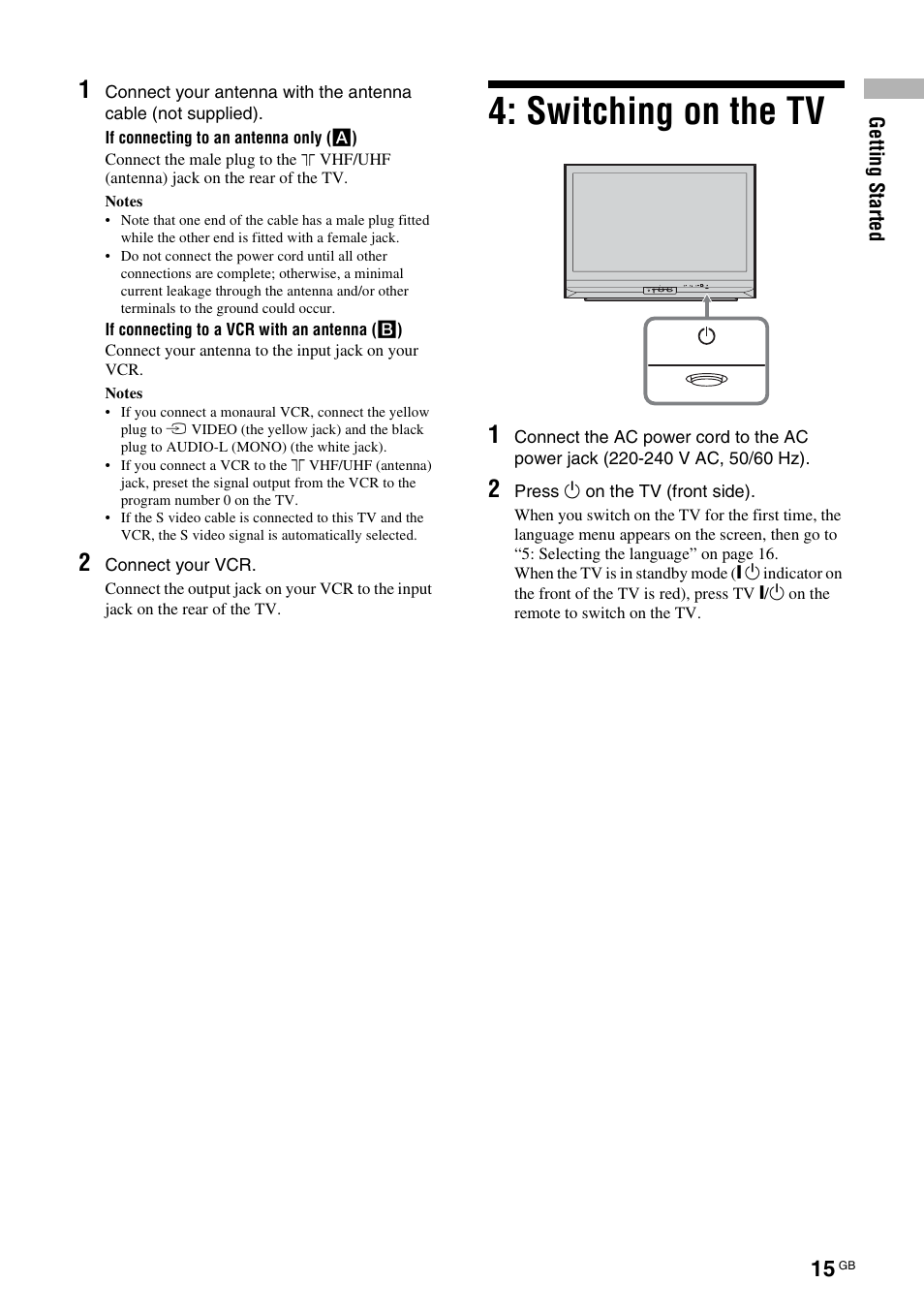 Switching on the tv | Sony KF-E42A10 User Manual | Page 15 / 60