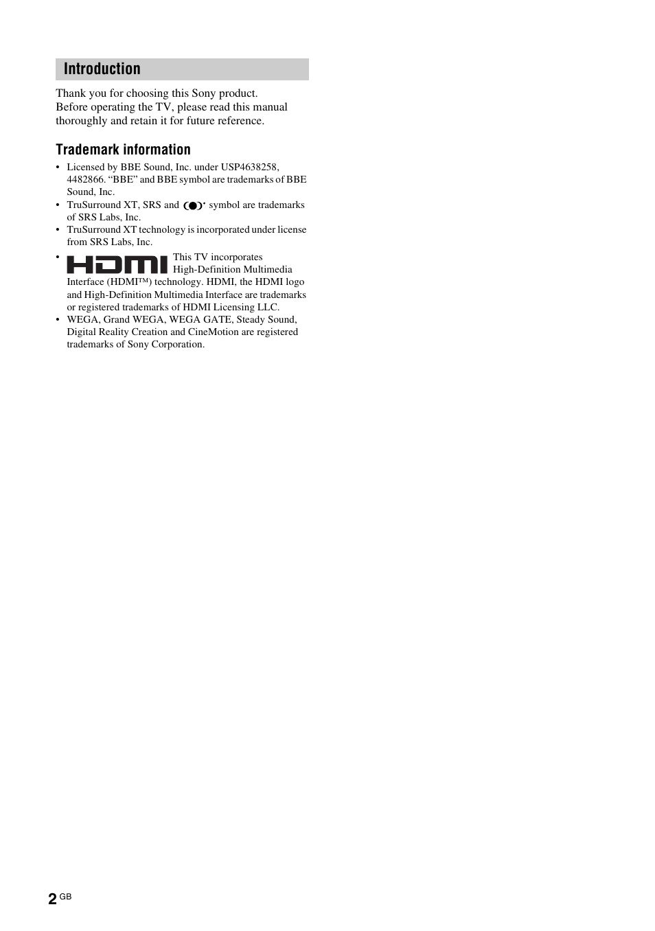 Introduction, Trademark information | Sony KF-E42A10 User Manual | Page 2 / 60