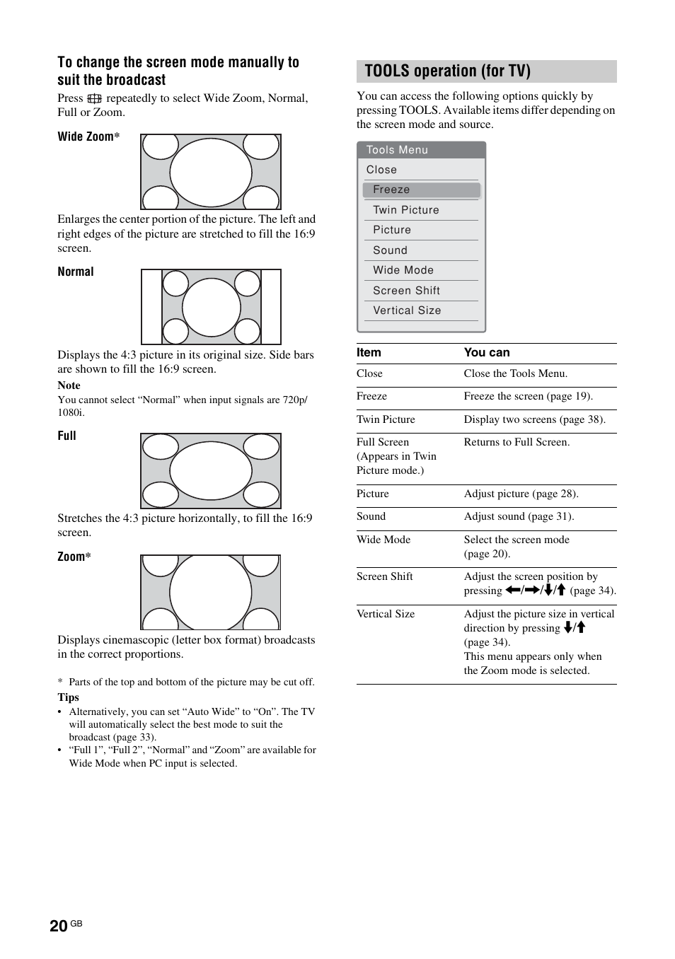 Tools operation (for tv) | Sony KF-E42A10 User Manual | Page 20 / 60