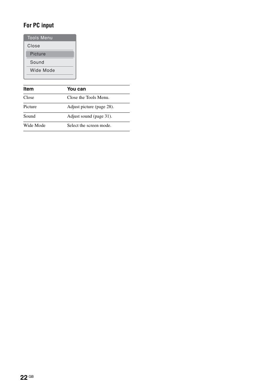 For pc input | Sony KF-E42A10 User Manual | Page 22 / 60