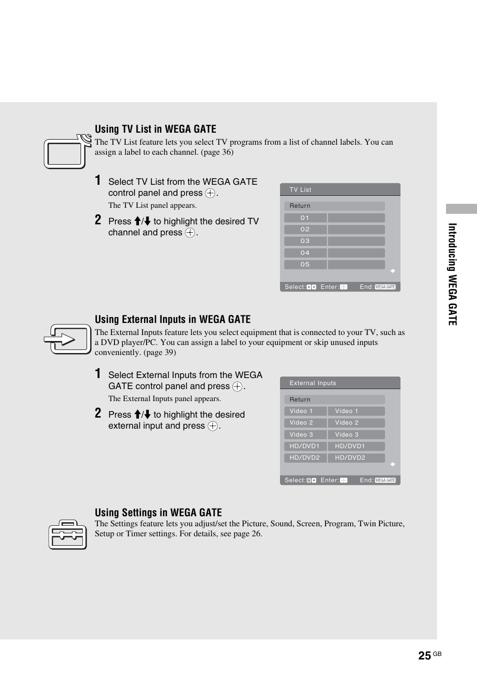 Using tv list in wega gate, Using external inputs in wega gate, Using settings in wega gate | Sony KF-E42A10 User Manual | Page 25 / 60
