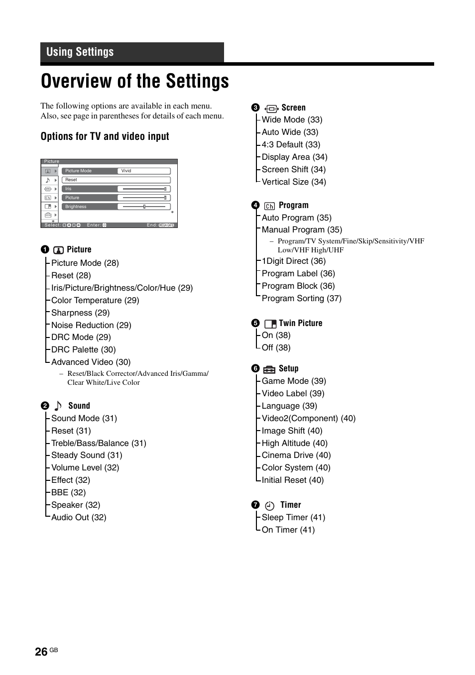 Using settings, Overview of the settings, Options for tv and video input | Sony KF-E42A10 User Manual | Page 26 / 60