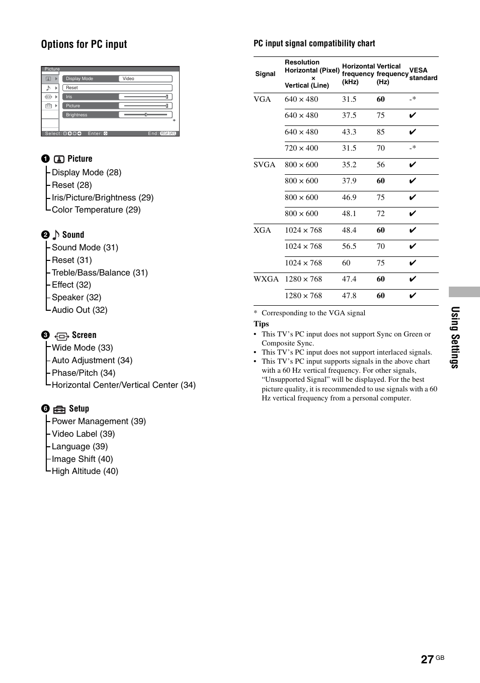 Usi ng s e tt in gs, Options for pc input | Sony KF-E42A10 User Manual | Page 27 / 60