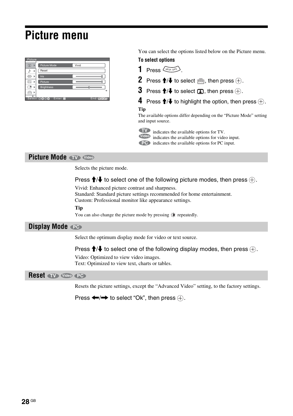Picture menu, Picture mode, Display mode | Reset, Picture mode display mode reset, T (28) | Sony KF-E42A10 User Manual | Page 28 / 60