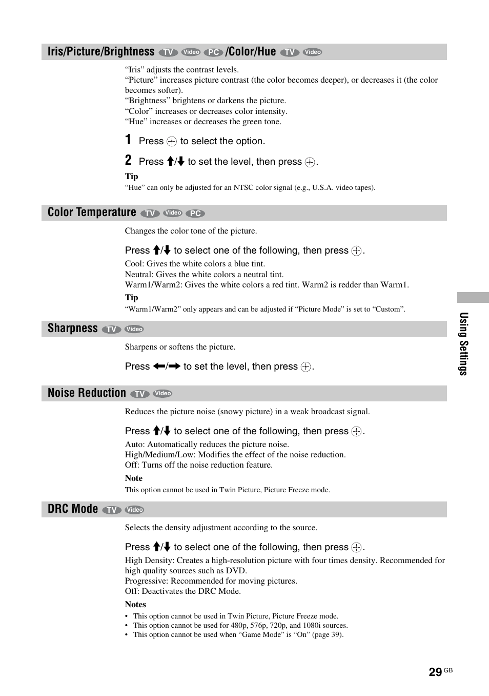 Iris/picture/brightness /color/hue, Color temperature, Sharpness | Noise reduction, Drc mode, S (29), N (29) | Sony KF-E42A10 User Manual | Page 29 / 60