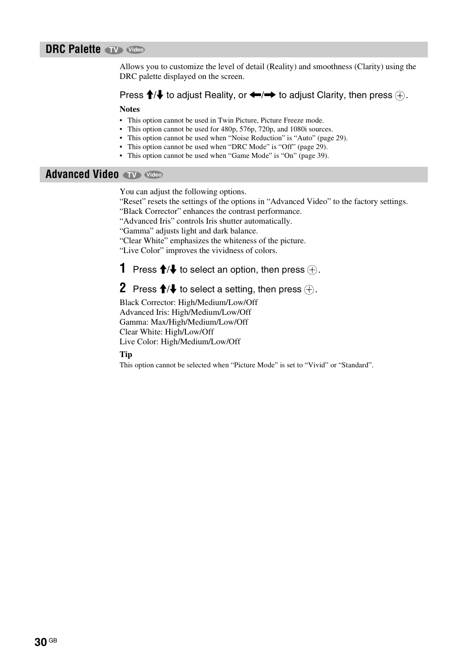 Drc palette, Advanced video, Drc palette advanced video | O (30 | Sony KF-E42A10 User Manual | Page 30 / 60