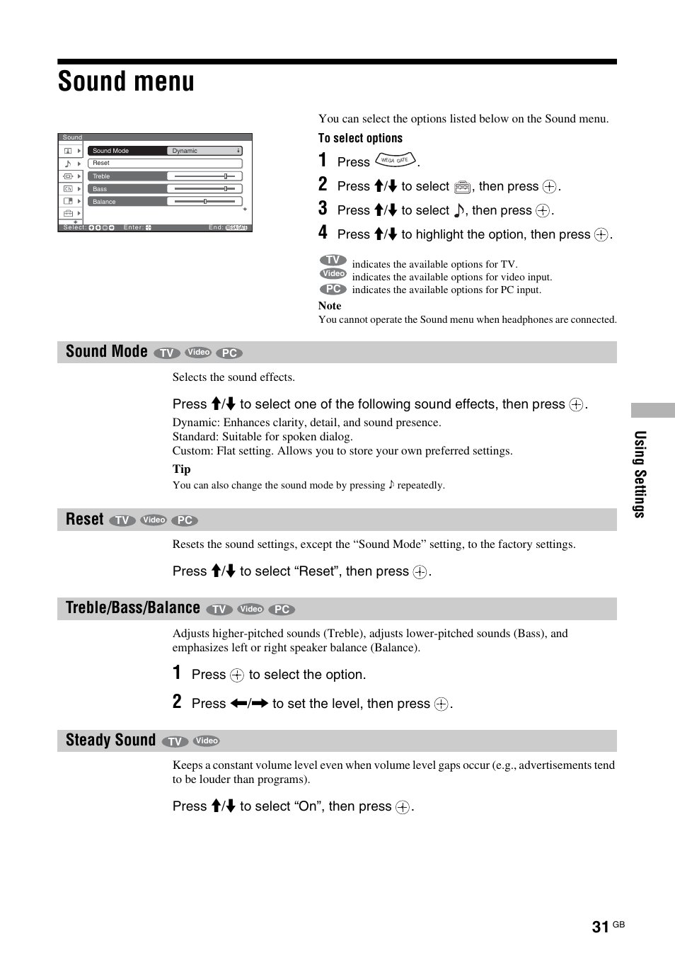 Sound menu, Sound mode, Reset | Treble/bass/balance, Steady sound, Sound mode reset treble/bass/balance steady sound, T (31), E (31), D (31) | Sony KF-E42A10 User Manual | Page 31 / 60