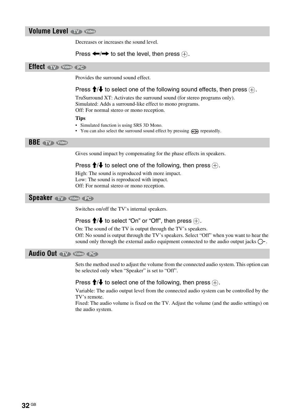Volume level, Effect, Speaker | Audio out, Volume level effect bbe speaker audio out, R (32) | Sony KF-E42A10 User Manual | Page 32 / 60