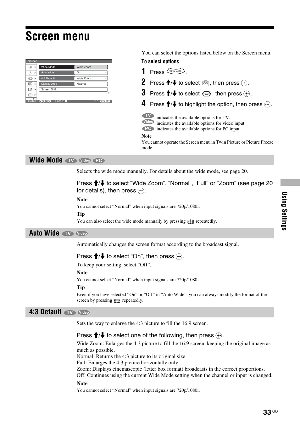 Screen menu, Wide mode, Auto wide | 3 default, Wide mode auto wide 4:3 default, T (33, Usi ng s e tt in gs | Sony KF-E42A10 User Manual | Page 33 / 60