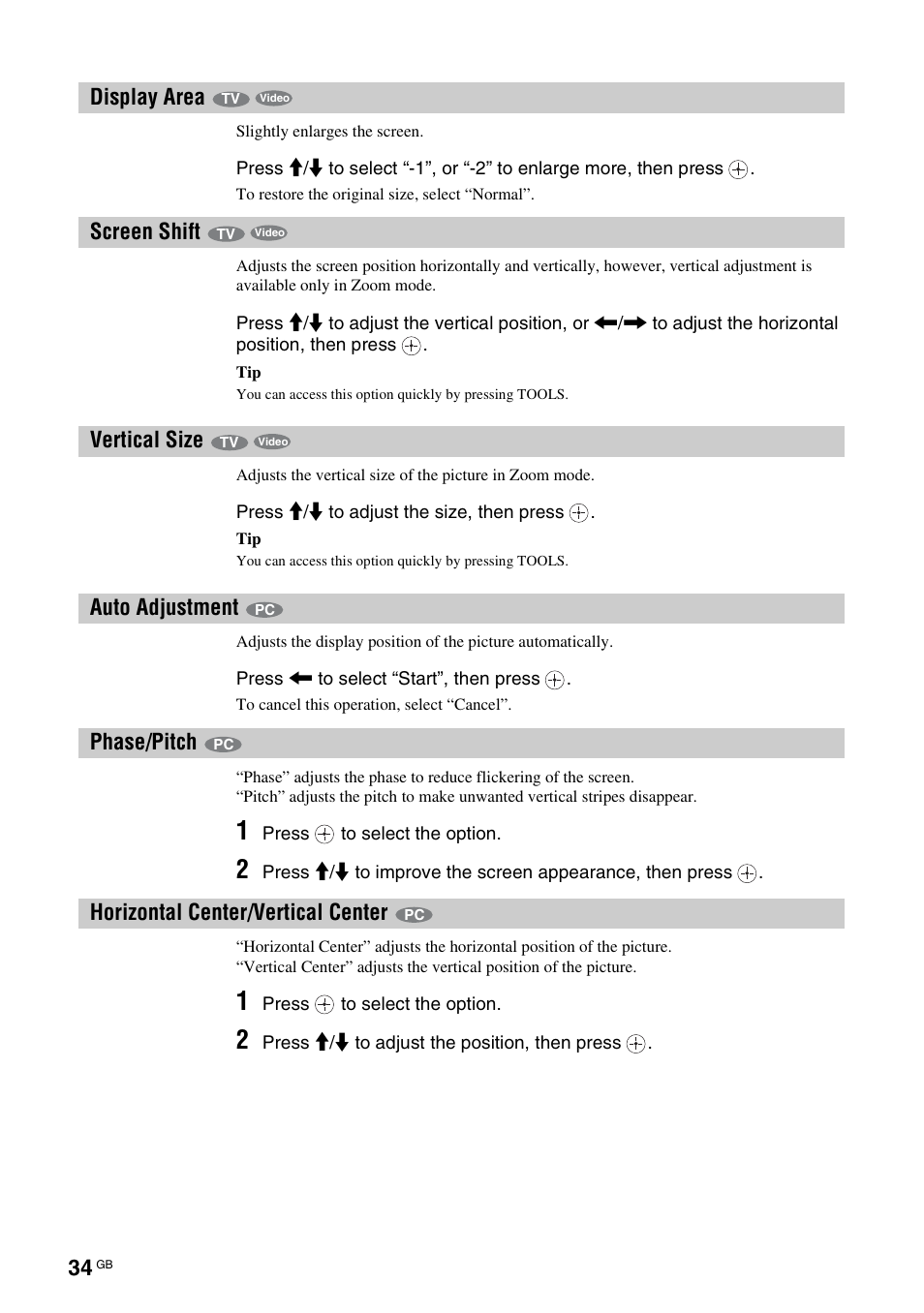 Display area, Screen shift, Vertical size | Auto adjustment, Phase/pitch, Horizontal center/vertical center, T (34, Nt (34) | Sony KF-E42A10 User Manual | Page 34 / 60