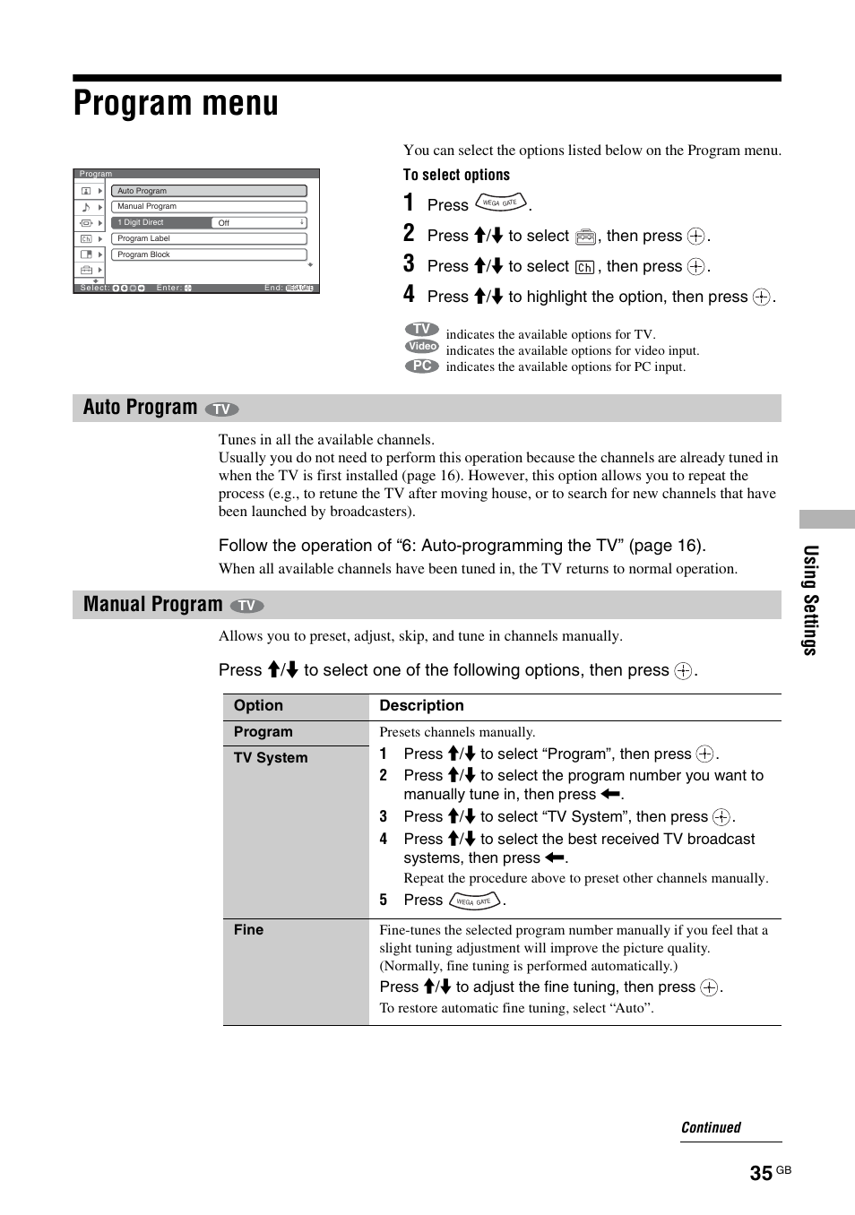 Program menu, Auto program, Manual program | Auto program manual program, Usi ng s e tt in gs | Sony KF-E42A10 User Manual | Page 35 / 60
