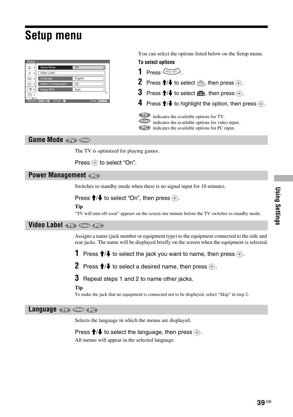 Setup menu, Game mode, Power management | Video label, Language, Game mode power management video label language, L (39), T (39), L (39 | Sony KF-E42A10 User Manual | Page 39 / 60