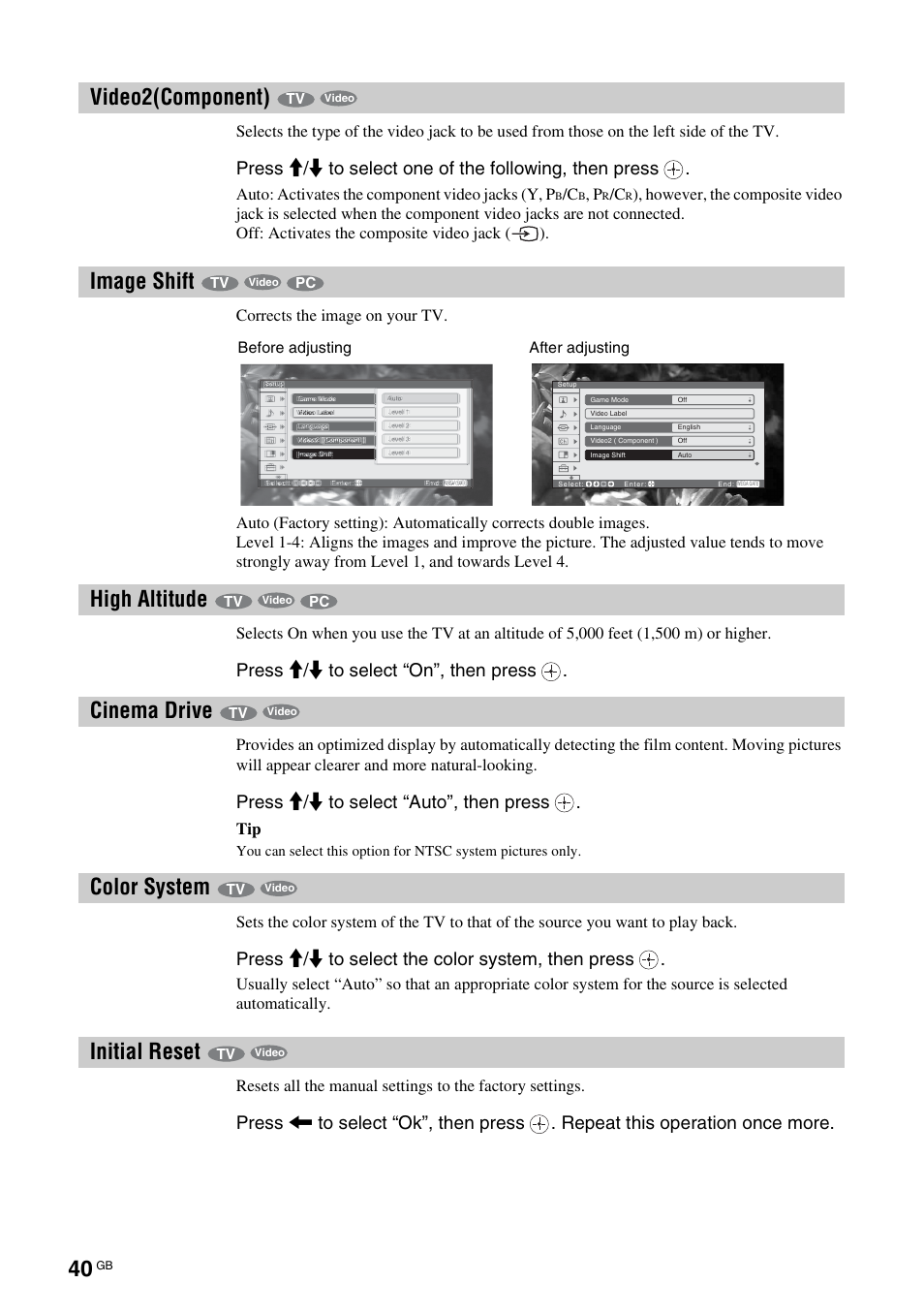 Video2(component), Image shift, High altitude | Cinema drive, Color system, Initial reset, Ft (40), De (40), E (40), Press m/m to select “on”, then press | Sony KF-E42A10 User Manual | Page 40 / 60