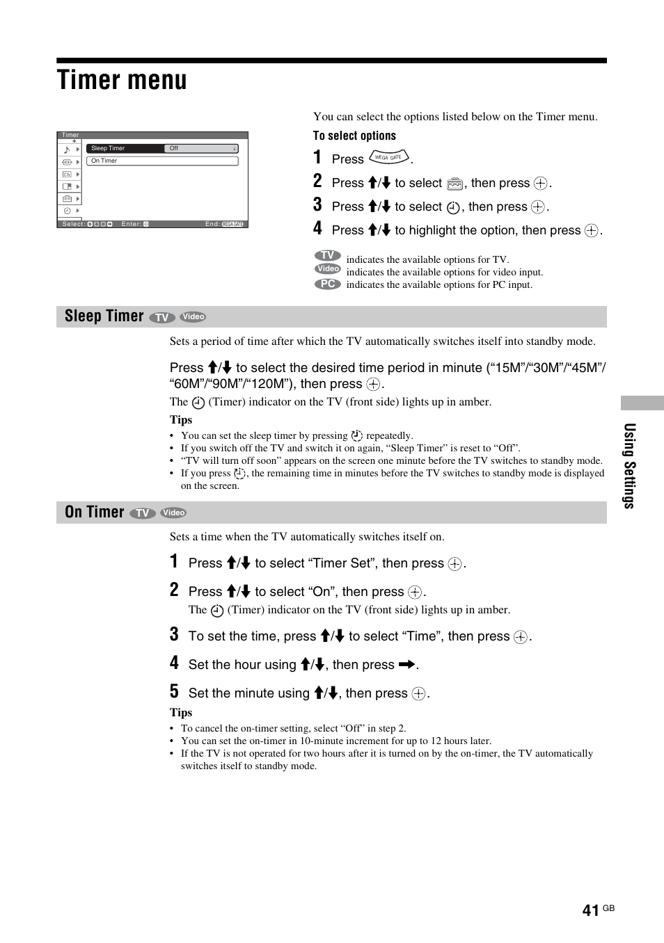 Timer menu, Sleep timer, On timer | Sleep timer on timer, R (41), R (41 | Sony KF-E42A10 User Manual | Page 41 / 60