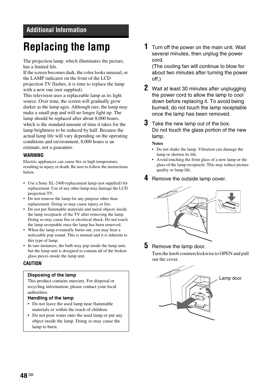 Additional information, Replacing the lamp | Sony KF-E42A10 User Manual | Page 48 / 60