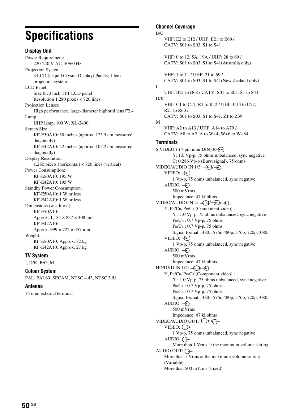 Specifications | Sony KF-E42A10 User Manual | Page 50 / 60