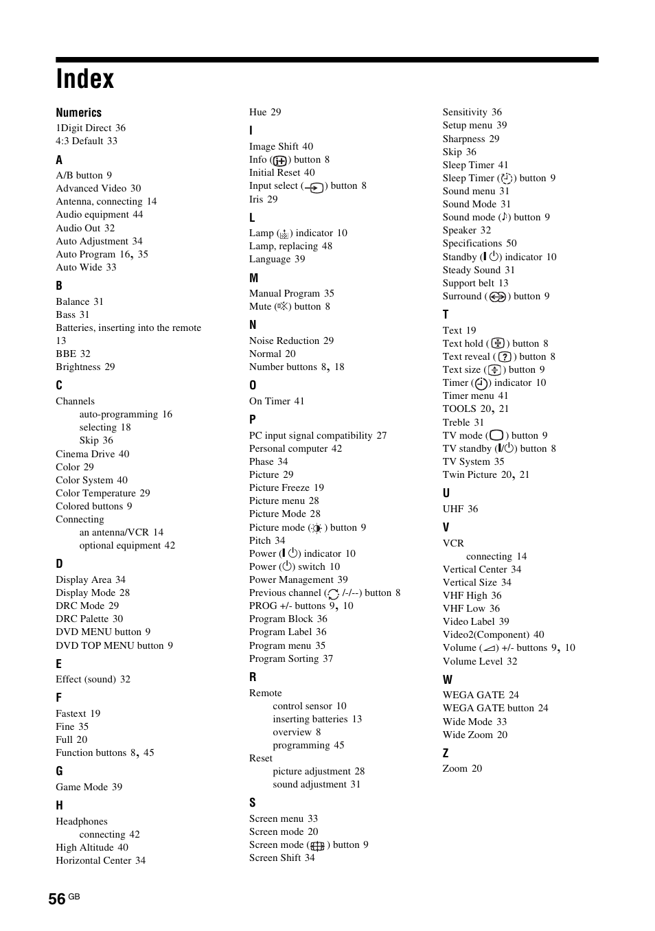 Index | Sony KF-E42A10 User Manual | Page 56 / 60