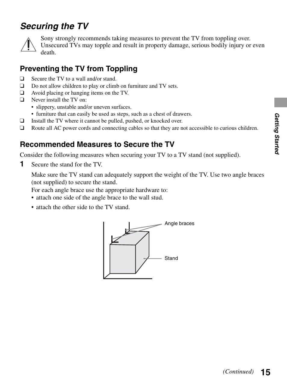 Securing the tv, Preventing the tv from toppling, Recommended measures to secure the tv | Sony BRAVIA KDL-22BX321 User Manual | Page 15 / 64