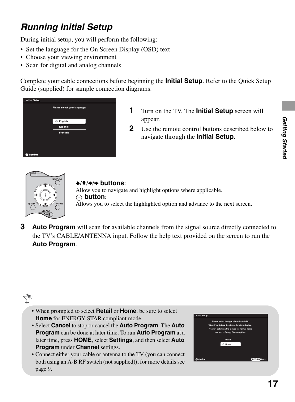 Running initial setup, Button, Ge tting started | Sony BRAVIA KDL-22BX321 User Manual | Page 17 / 64