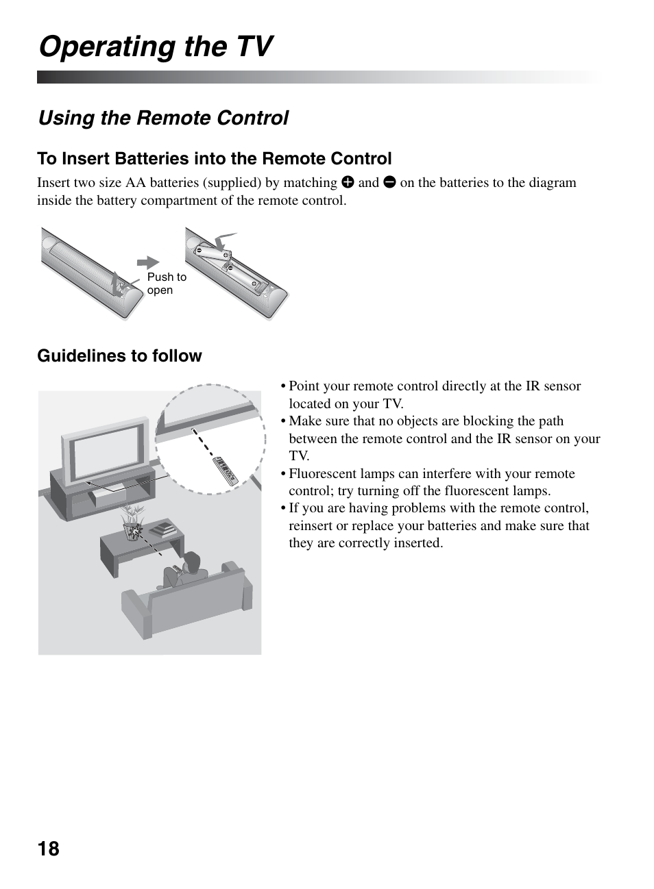 Operating the tv, Using the remote control | Sony BRAVIA KDL-22BX321 User Manual | Page 18 / 64
