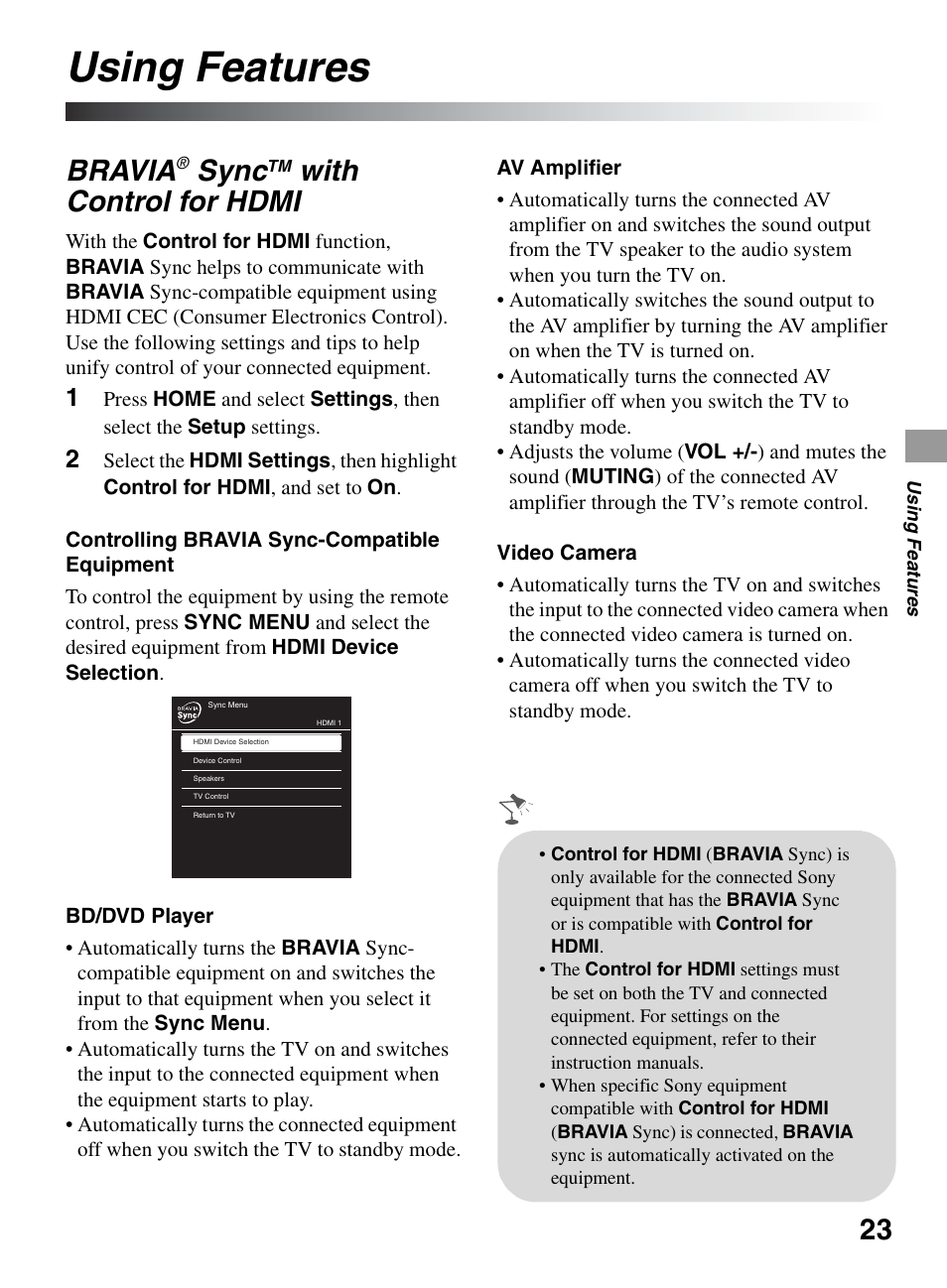 Using features, Bravia® synctm with control for hdmi, Bravia | Sync, With control for hdmi | Sony BRAVIA KDL-22BX321 User Manual | Page 23 / 64
