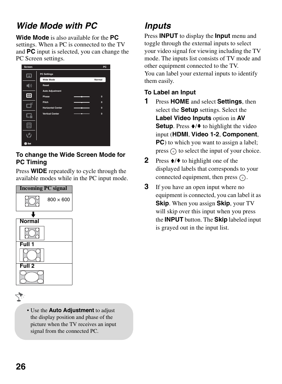 Wide mode with pc, Inputs, 26 wide mode with pc | Sony BRAVIA KDL-22BX321 User Manual | Page 26 / 64