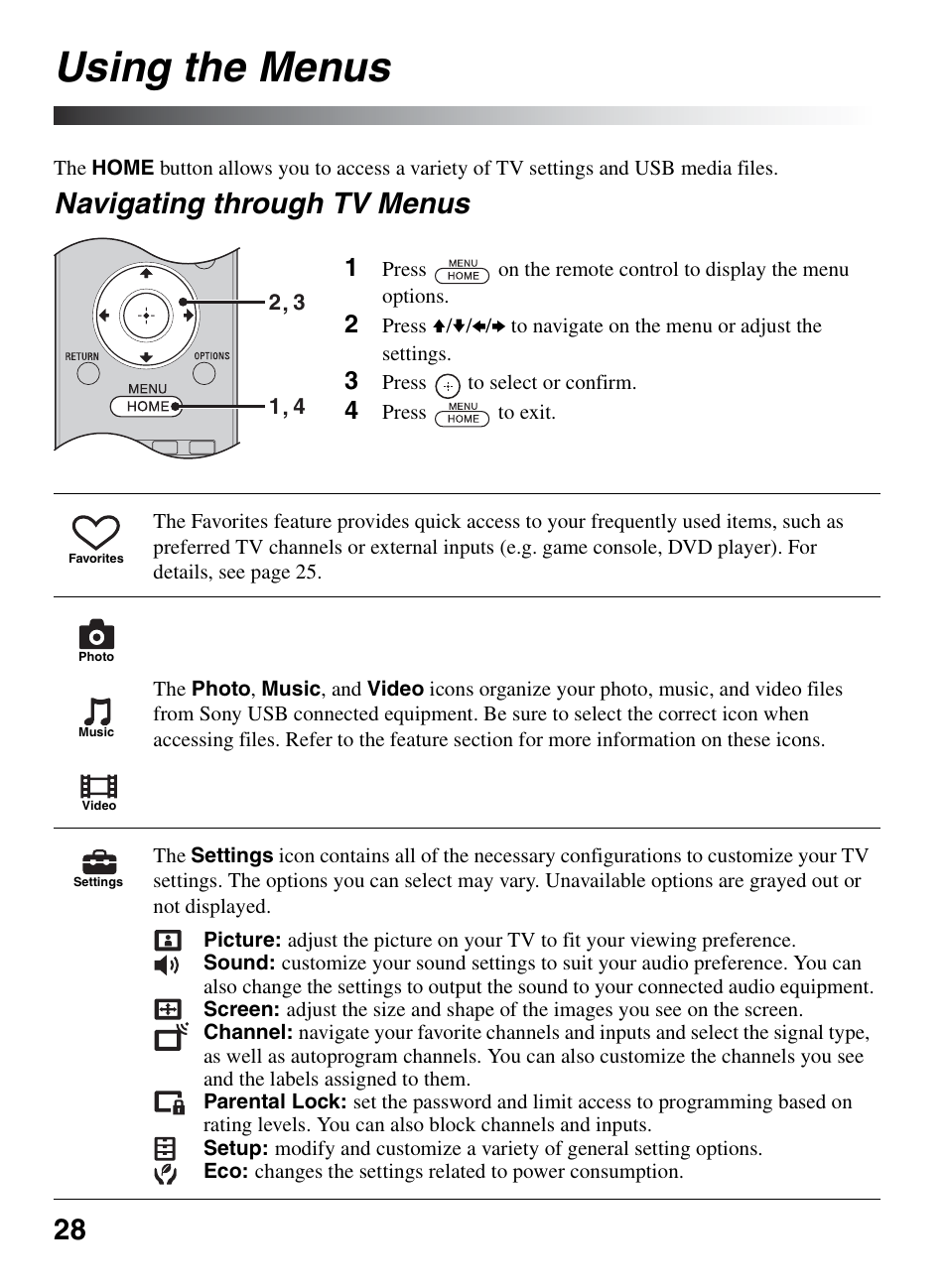 Using the menus, Navigating through tv menus | Sony BRAVIA KDL-22BX321 User Manual | Page 28 / 64