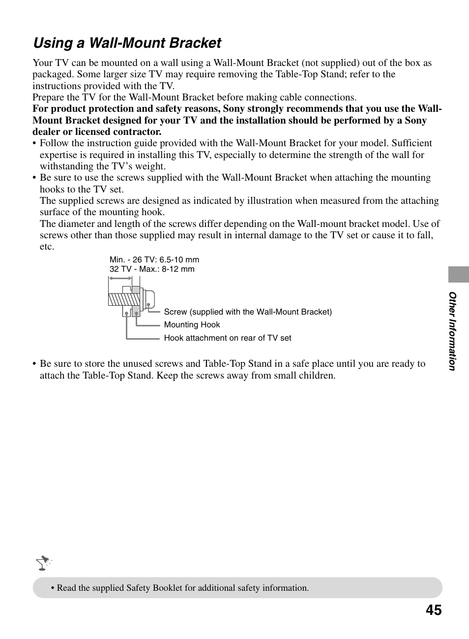 Using a wall-mount bracket | Sony BRAVIA KDL-22BX321 User Manual | Page 45 / 64