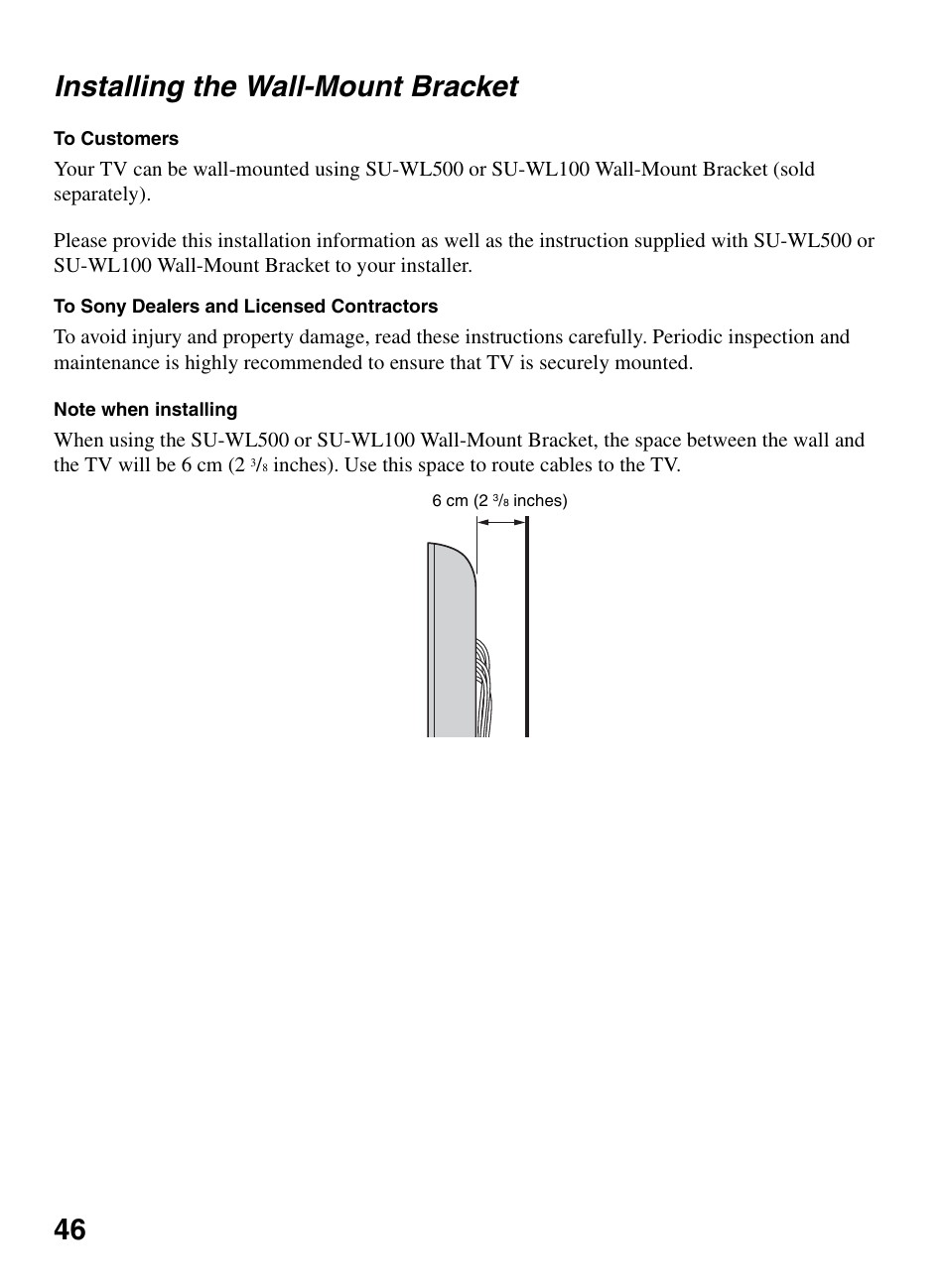 Installing the wall-mount bracket, 46 installing the wall-mount bracket | Sony BRAVIA KDL-22BX321 User Manual | Page 46 / 64