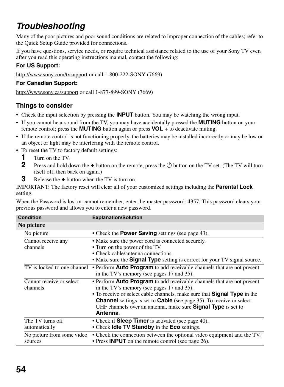 Troubleshooting, 54 troubleshooting | Sony BRAVIA KDL-22BX321 User Manual | Page 54 / 64