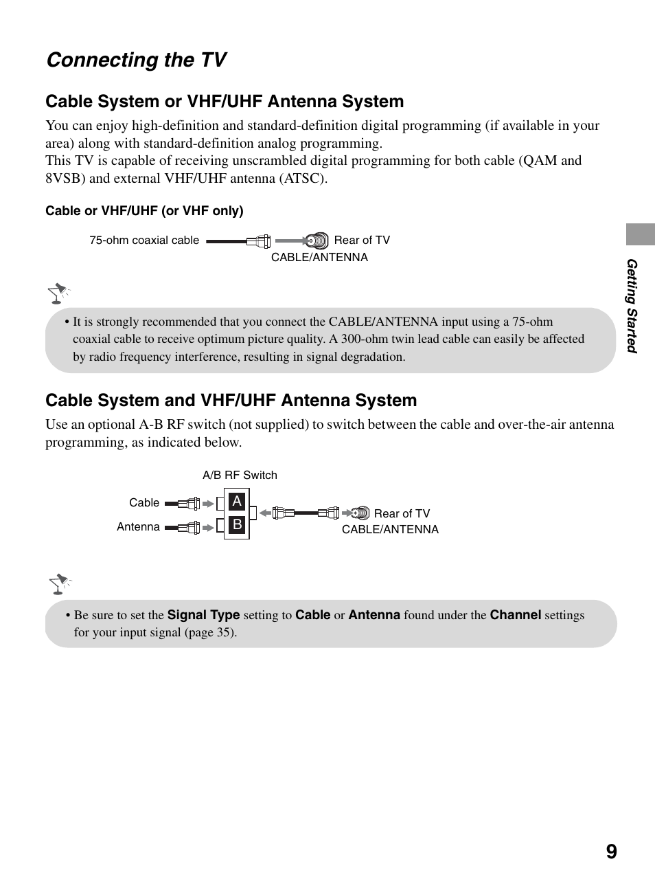 Connecting the tv, Cable system or vhf/uhf antenna system, Cable system and vhf/uhf antenna system | Sony BRAVIA KDL-22BX321 User Manual | Page 9 / 64