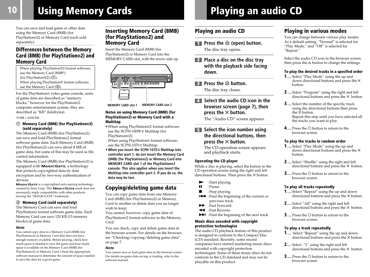 Using memory cards, Playing an audio cd, Copying/deleting game data | Playing in various modes, Press the a (open) button | Sony PS2 SCPH-39002 User Manual | Page 10 / 24