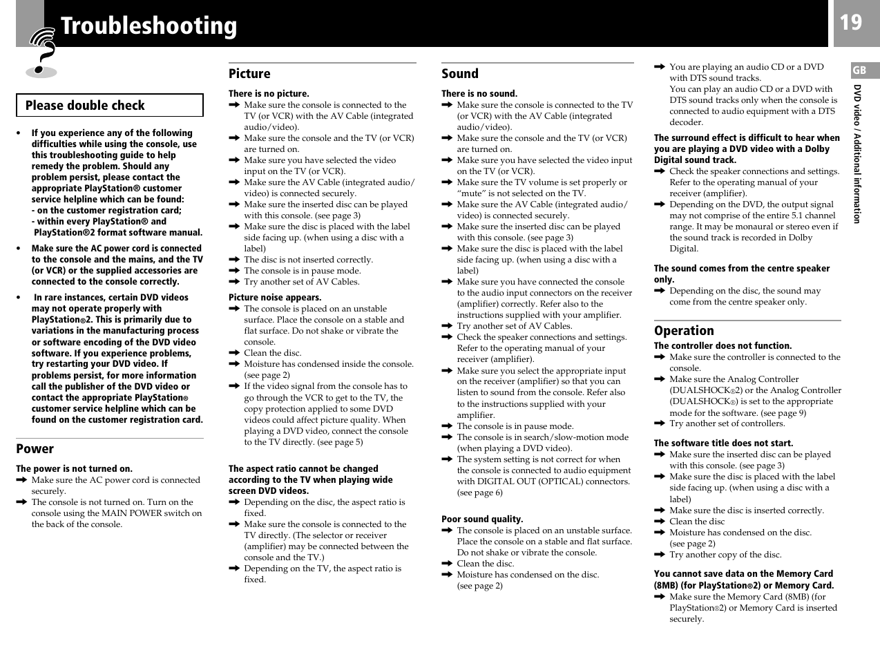 Troubleshooting, Please double check, Power | Picture, Sound, Operation | Sony PS2 SCPH-39002 User Manual | Page 19 / 24