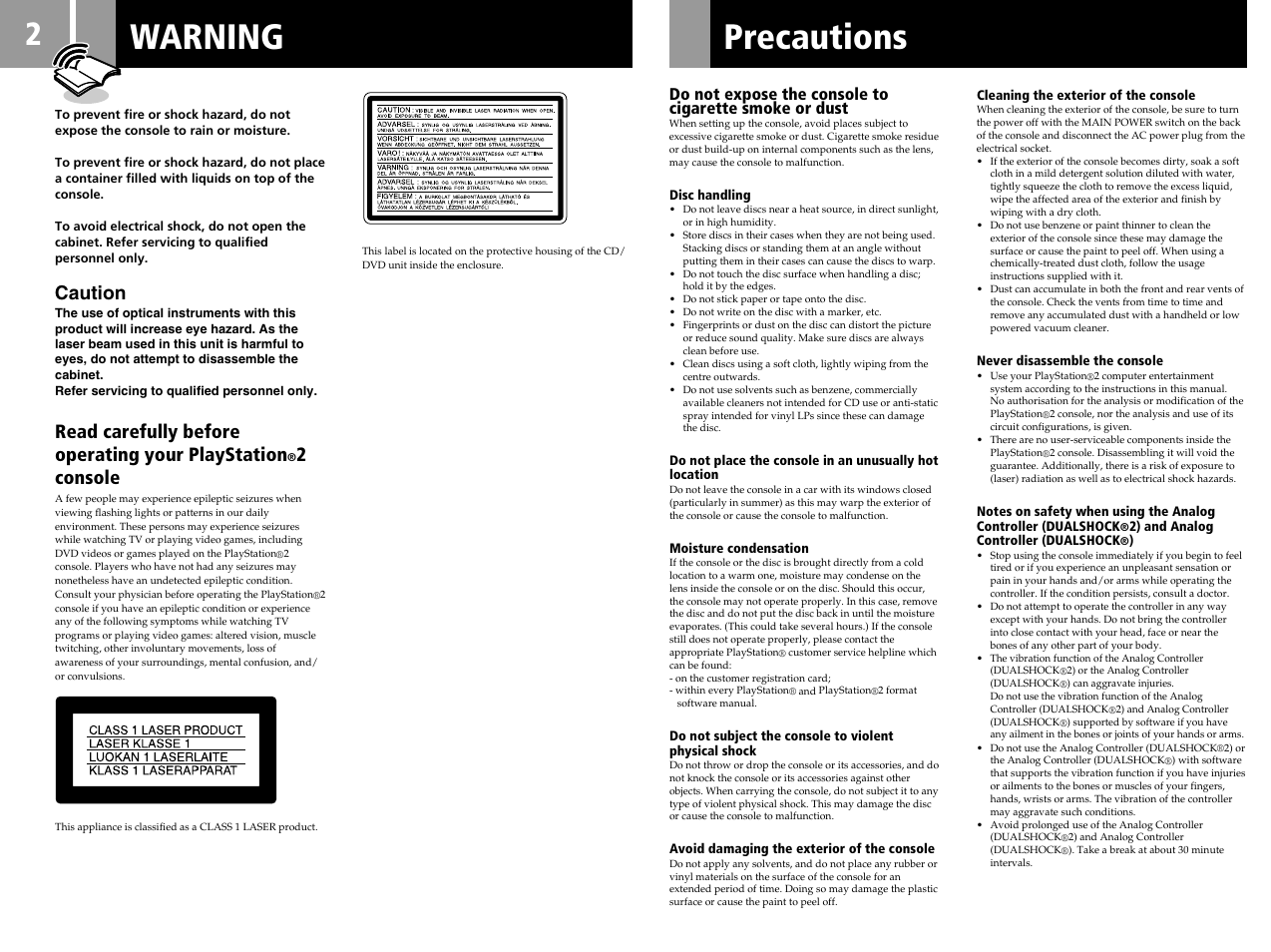 Warning, Precautions, Caution | Read carefully before operating your playstation, 2console | Sony PS2 SCPH-39002 User Manual | Page 2 / 24