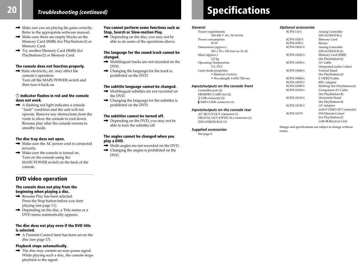 Specifications, Dvd video operation, Troubleshooting (continued) | Sony PS2 SCPH-39002 User Manual | Page 20 / 24