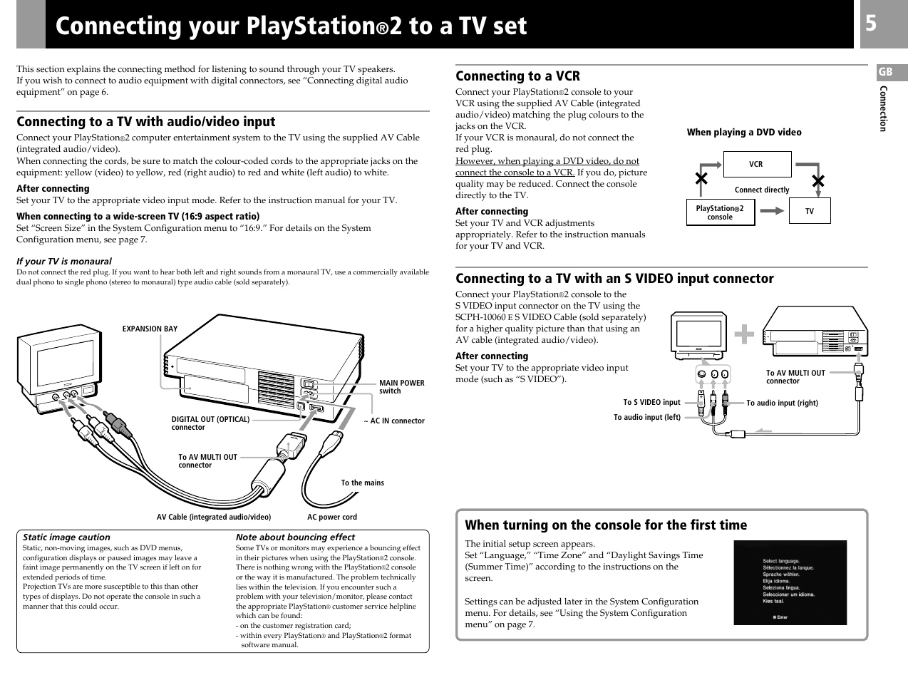 Connecting your playstation®2 to a tv set, Connecting your playstation, 2 to a tv set | Connecting to a tv with an s video input connector, Connecting to a tv with audio/video input, Connecting to a vcr, When turning on the console for the first time | Sony PS2 SCPH-39002 User Manual | Page 5 / 24