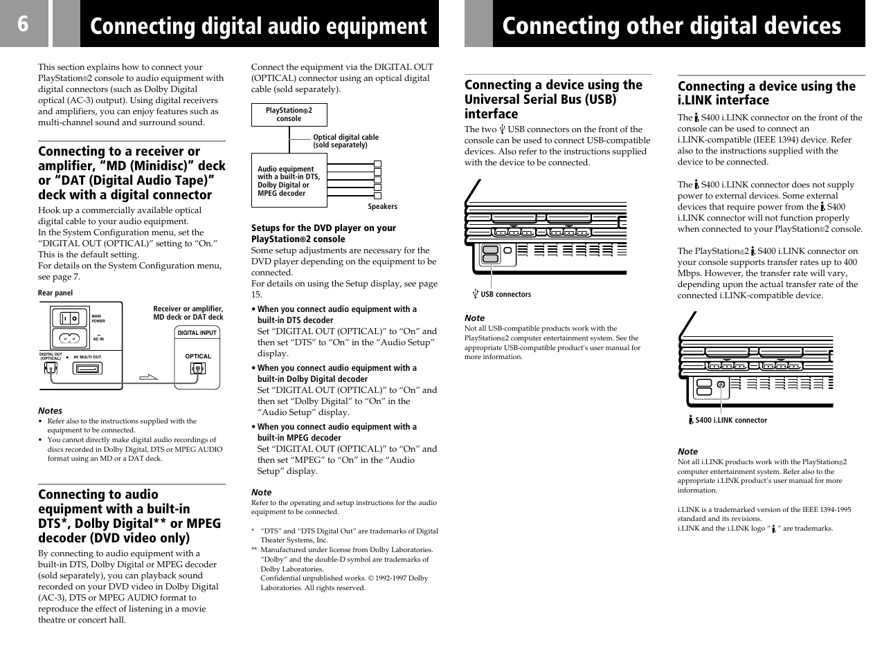 Connecting digital audio equipment, Connecting other digital devices, Connecting a device using the i.link interface | Sony PS2 SCPH-39002 User Manual | Page 6 / 24