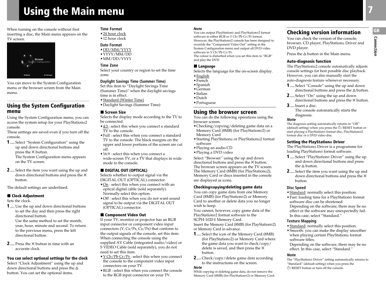 Using the main menu, Using the system configuration menu, Using the browser screen | Checking version information | Sony PS2 SCPH-39002 User Manual | Page 7 / 24