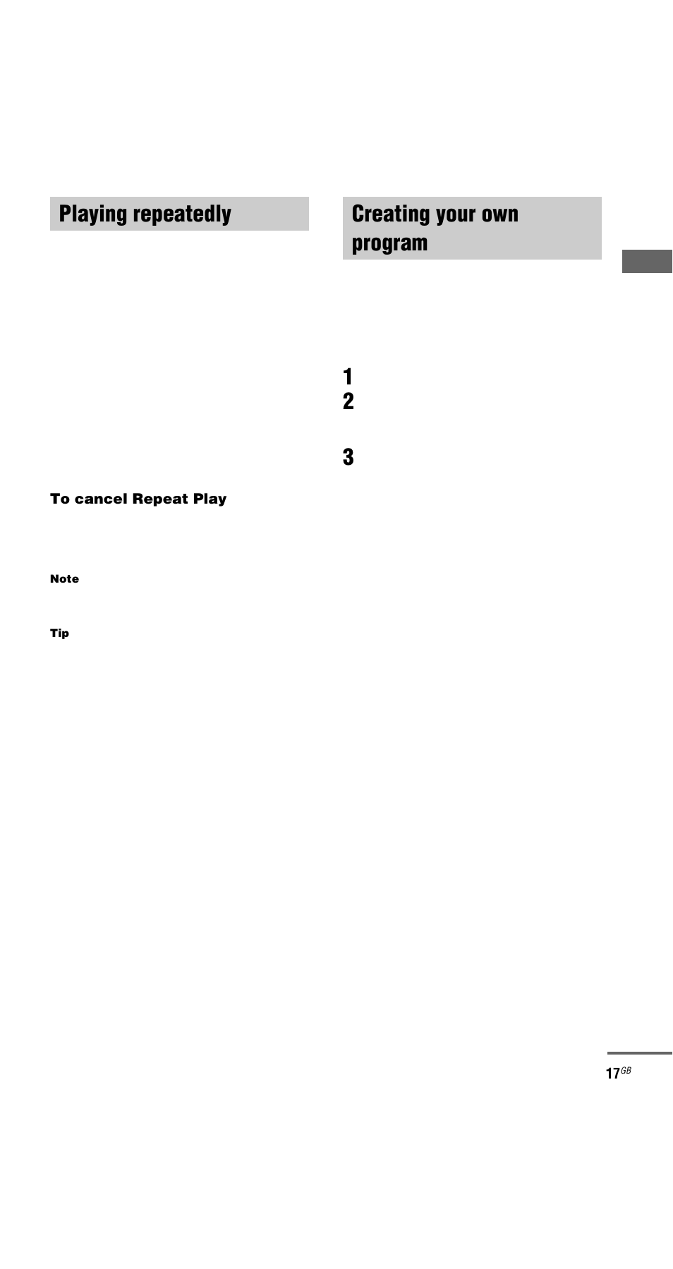 Playing repeatedly, Repeat play, Creating your own program | Program play | Sony MHC-GNX66 User Manual | Page 17 / 56