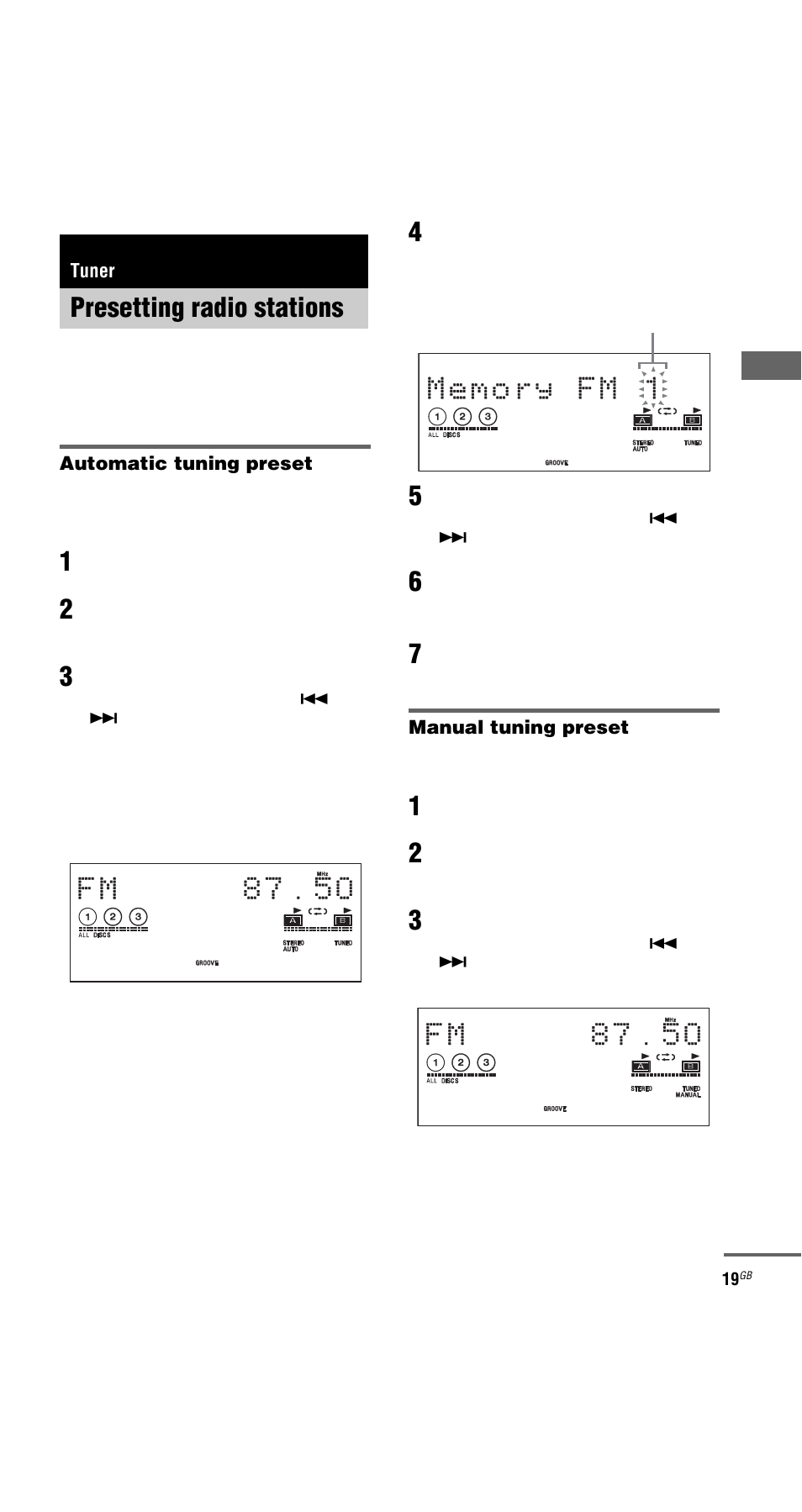 Tuner, Presetting radio stations | Sony MHC-GNX66 User Manual | Page 19 / 56