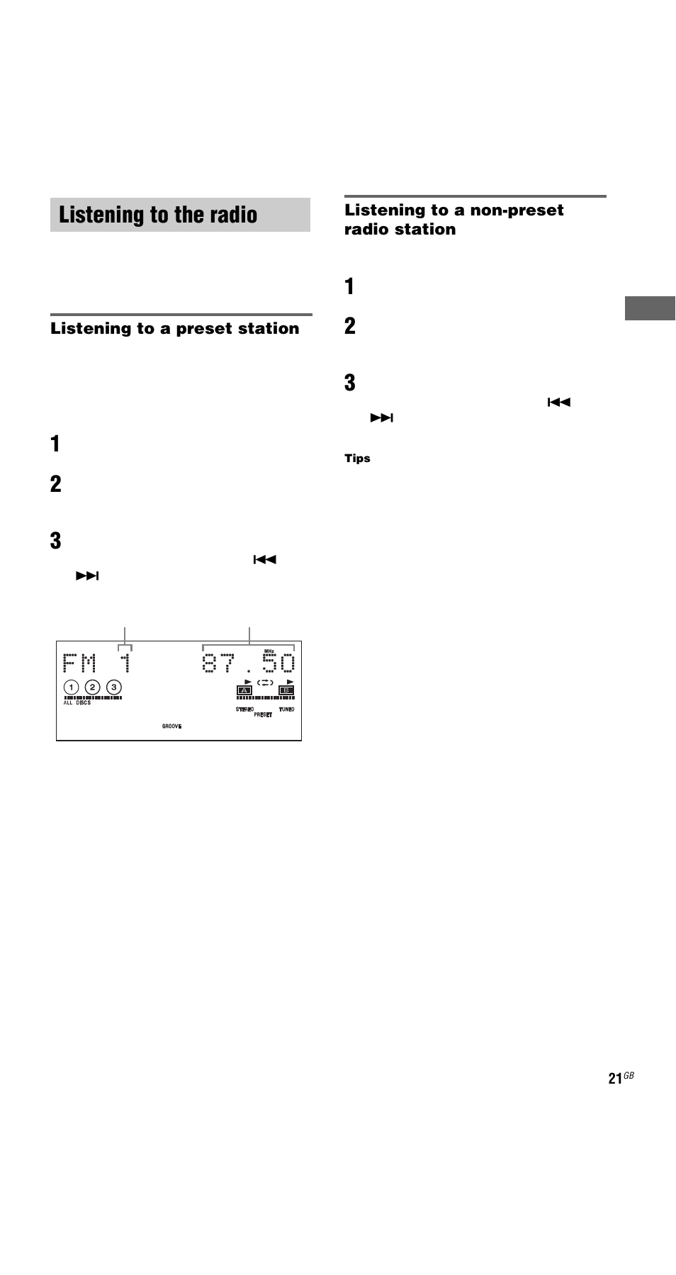 Listening to the radio, Preset tuning, Manual tuning | Preset tuning — manual tuning | Sony MHC-GNX66 User Manual | Page 21 / 56