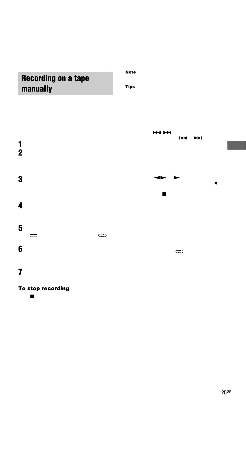 Recording on a tape manually, Manual recording | Sony MHC-GNX66 User Manual | Page 25 / 56
