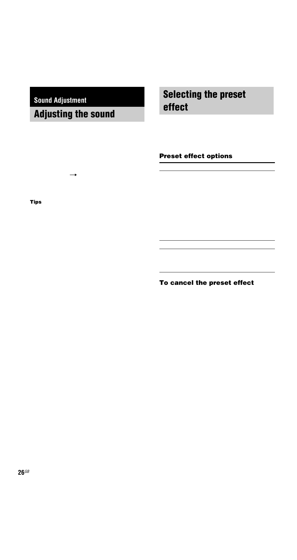 Sound adjustment, Adjusting the sound, Selecting the preset effect | Adjusting the sound selecting the preset effect | Sony MHC-GNX66 User Manual | Page 26 / 56