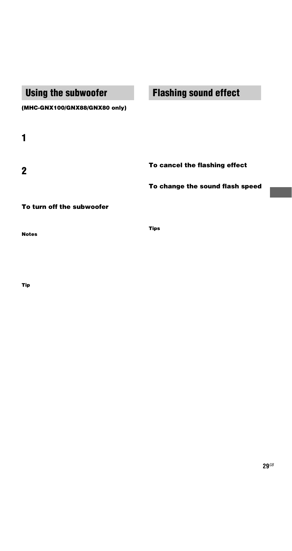 Using the subwoofer, Mhc-gnx100/gnx88/gnx80 only), Flashing sound effect | Sound flash, Using the subwoofer flashing sound effect | Sony MHC-GNX66 User Manual | Page 29 / 56