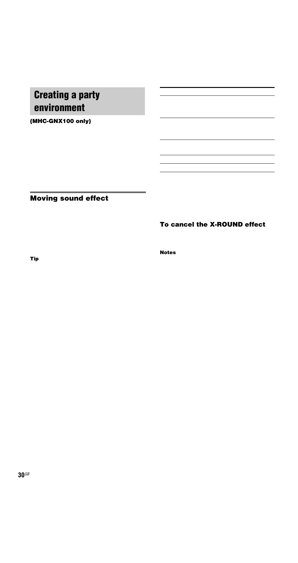 Creating a party environment, Mhc-gnx100 only), Moving sound effect | Sony MHC-GNX66 User Manual | Page 30 / 56